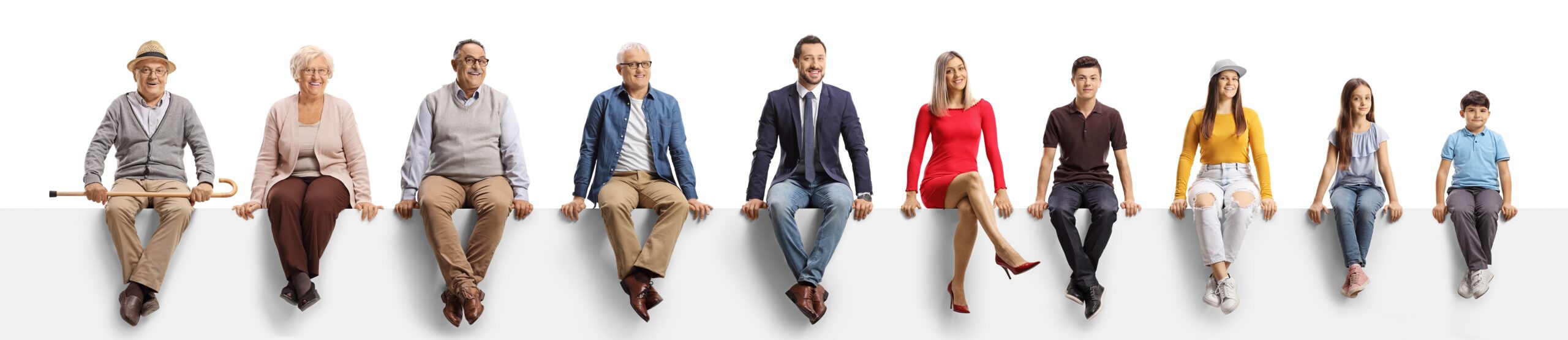 People of different age sitting on a blank panel and looking at camera isolated on white background